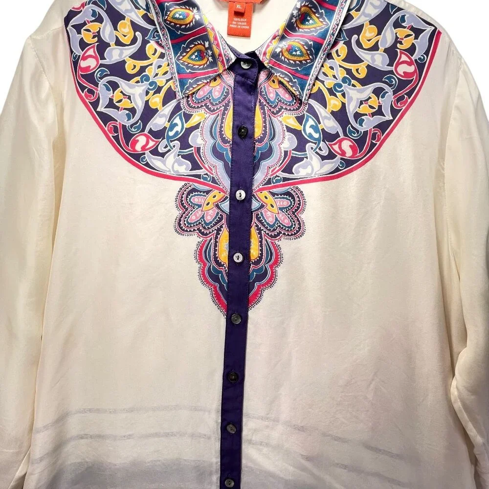Sundance XL 100% Silk Button Up Blouse Ivory Whimsical Paisley Semi Sheer Collar - Picture 4 of 10